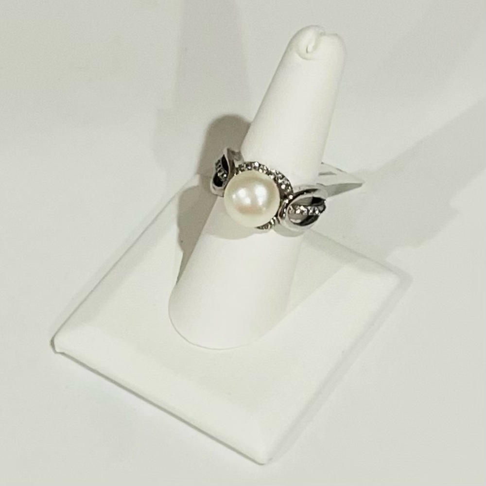 925 Sterling Silver, Fresh Water Pearl & White Topaz Ring Sz 8 - Picture 3 of 11